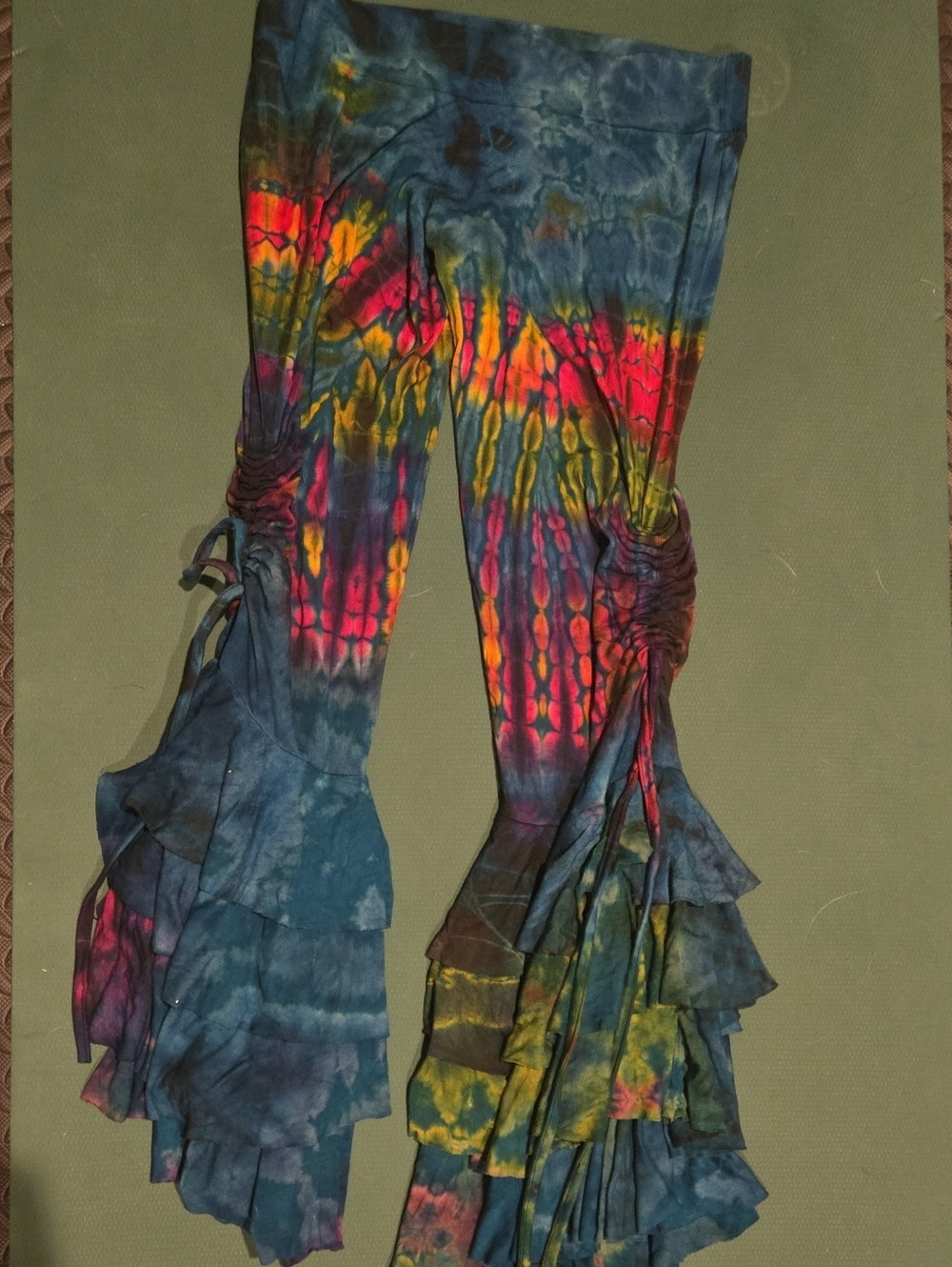 One Of A Kind Handmade Custom Tie-Dye Ruffled Flare Pants - Multicolor Festival